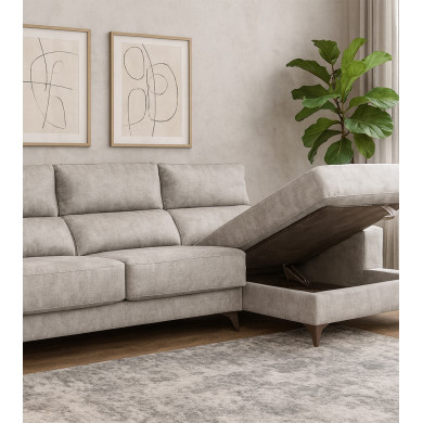 Sofá Chaise Longue Vis – Con arcón, asientos extraíbles y respaldos reclinables