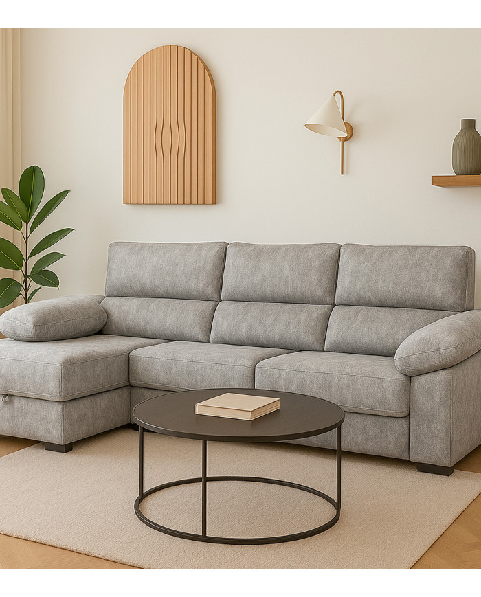 Sofá Chaise Longue Monti – Asientos extraíbles, respaldos reclinables y arcón Sofá Chaise Longue Monti – Asientos extraíbles, respaldos reclinables y arcón