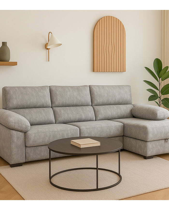Sofá Chaise Longue Monti – Asientos extraíbles, respaldos reclinables y arcón Sofá Chaise Longue Monti – Asientos extraíbles, respaldos reclinables y arcón