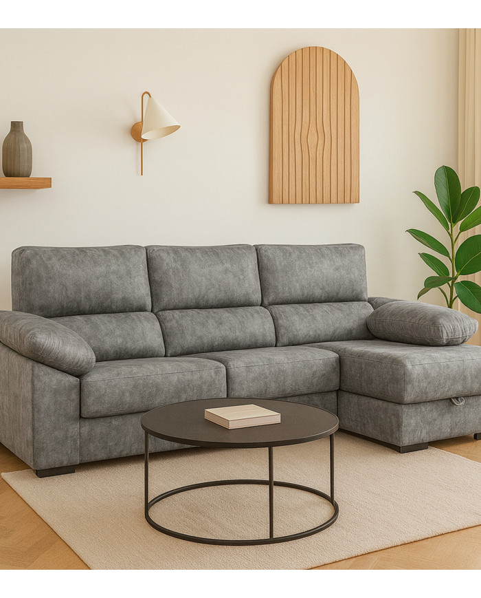 Sofá Chaise Longue Monti – Asientos extraíbles, respaldos reclinables y arcón Sofá Chaise Longue Monti – Asientos extraíbles, respaldos reclinables y arcón